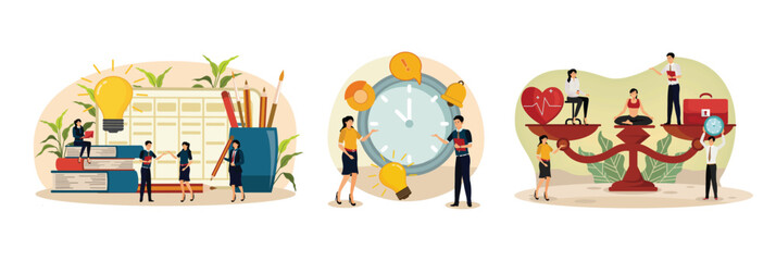 Training courses and tutorials concept. Self management and multitasking. Health and work on scales.