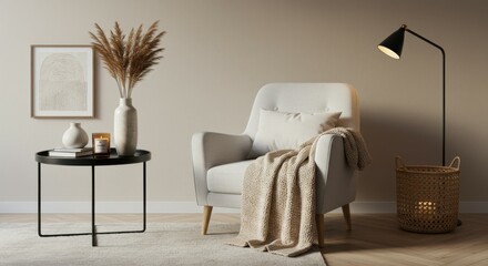 Cozy minimalist living room, neutral tones, beige armchair, textured throw blanket, round black side table, dried pampas grass arrangement, woven basket, soft lighting, shadow play on wall, scandinavi
