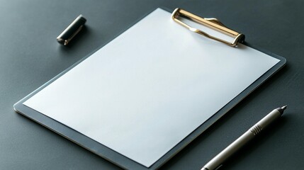 Blank clipboard with pens on dark surface; perfect for mockup.