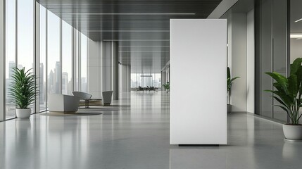 Blank vertical banner in modern office lobby with city view.
