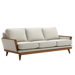 stylish mid century modern sofa with wooden frame and beige cushions, perfect for contemporary living room setting. sofa features sleek design with comfortable seating.mid century modern sofa