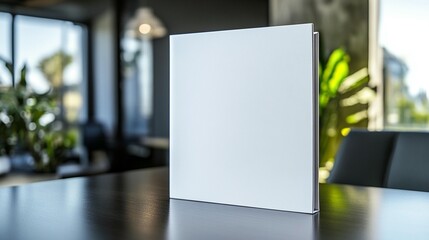 Blank white square book mockup on dark wooden table in modern cafe setting.