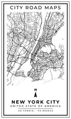Black and white printable road map of New York city United State of America banner poster design with coordinate position location, vector illustration