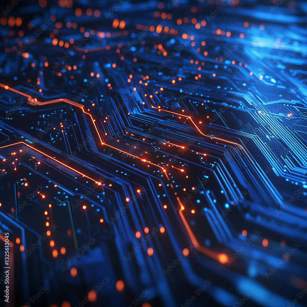 Poster glowing circuit board with intricate network of illuminated pathways