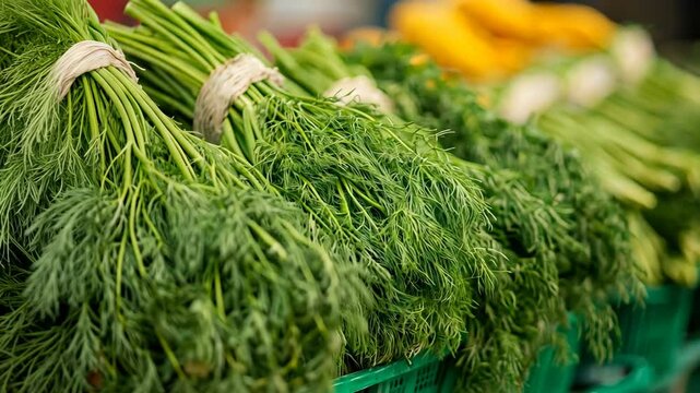 Freshly harvested dill placed in market baskets ready for sale at a vibrant farmers market in autumn