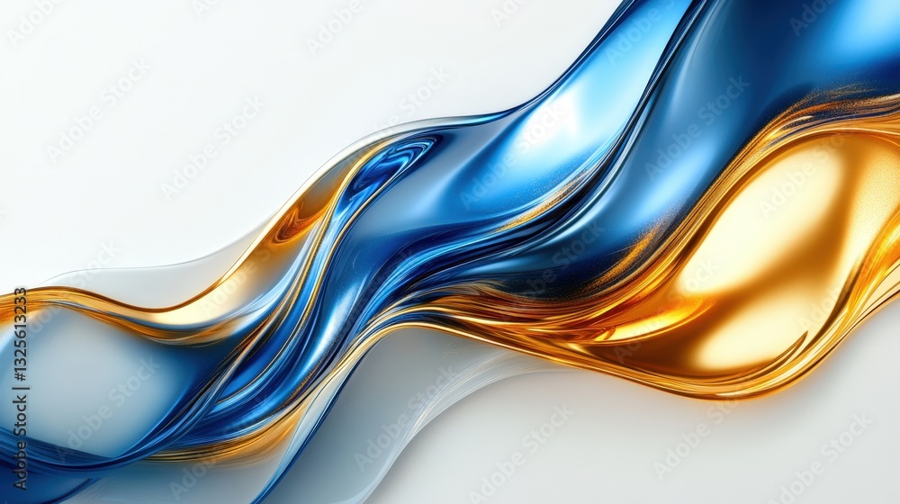 Poster flowing abstract waves in blue and gold creating elegant design, with their dynamic curves and refle