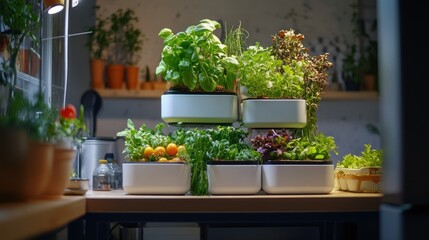 Indoor herb garden on kitchen counter with multiple plants, modern design