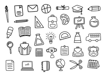Set of doodle educaion icon. School supply, office, stationery, student tool set.
