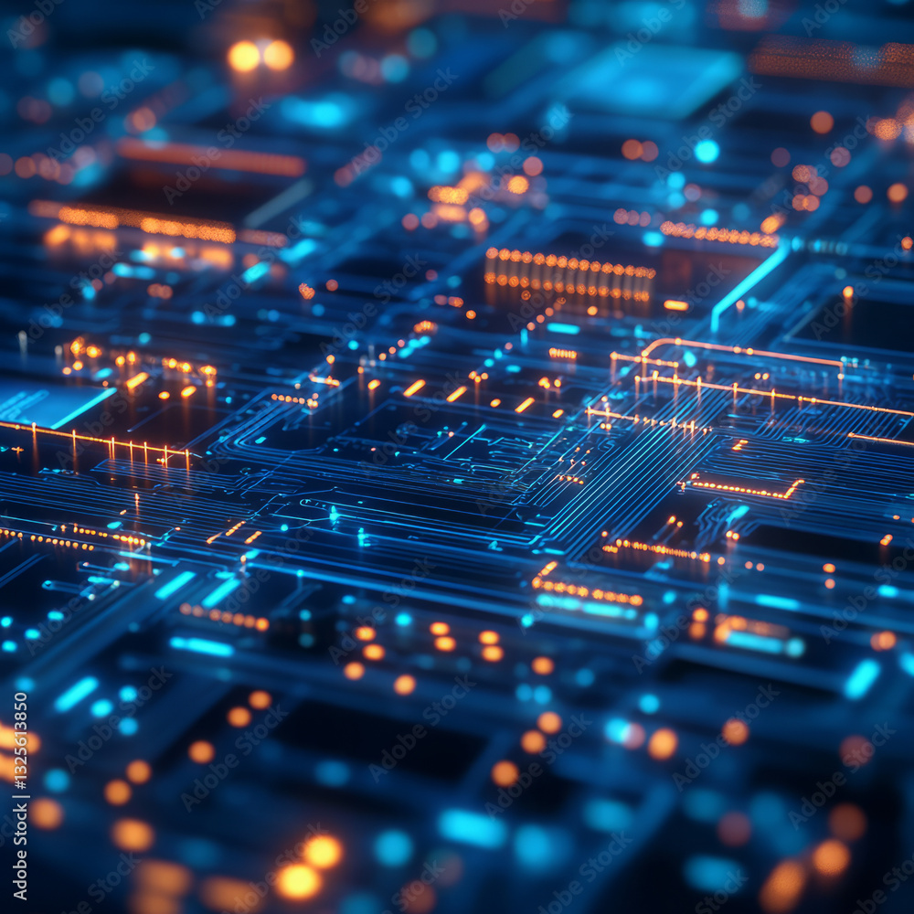 Poster glowing circuit board with blue and orange lines in a futuristic technological setting