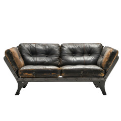 Fototapeta premium vintage style leather sofa with distressed finish and wooden frame, featuring plush cushions for comfort. dark tones and rustic design add classic touch to any living space