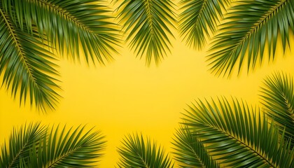 Naklejka premium Tropical Green Palm Leaves Arranged on Bright Yellow Background, Flat-Lay with Copy Space