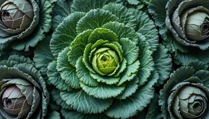 Fototapeta premium Vibrant Ornamental Cabbages and Kales: A Textured Natural Beauty