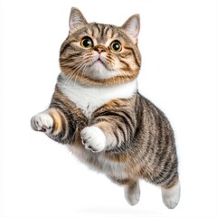 Obraz premium Adorable Brown Tabby Cat with White Paws Jumping Against White Background