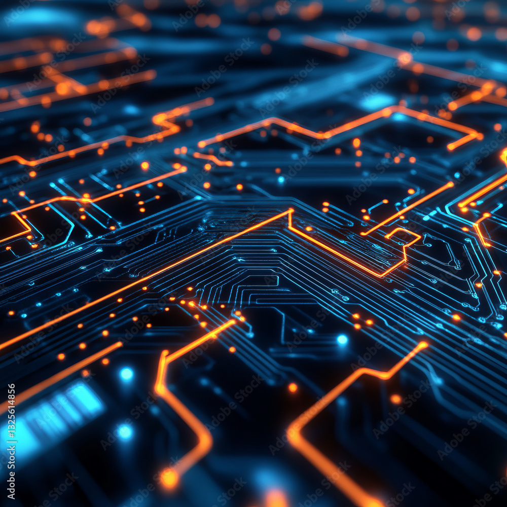Poster glowing blue and orange circuitry representing data processing and connectivity