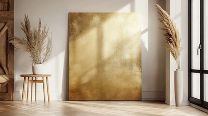 A blank painting leaning against a wall, decorated with dried flowers, waiting to be filled with your art