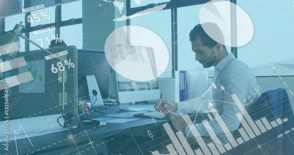 Poster businessman working at desk with financial data and graphs overlay animation