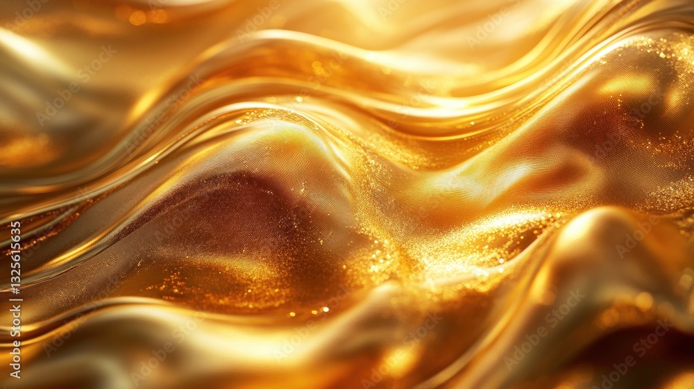 Poster a close-up view of a shimmering gold liquid with intricate patterns of waves