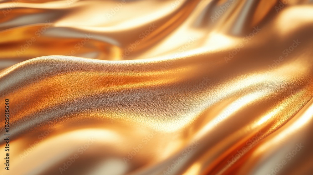 Poster a close-up image of a golden fabric with wave-like patterns and textures. the fabric shimmers and re