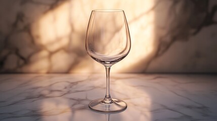A plain transparent wine glass, empty, on a soft marble surface with minimalistic soft lighting from one direction