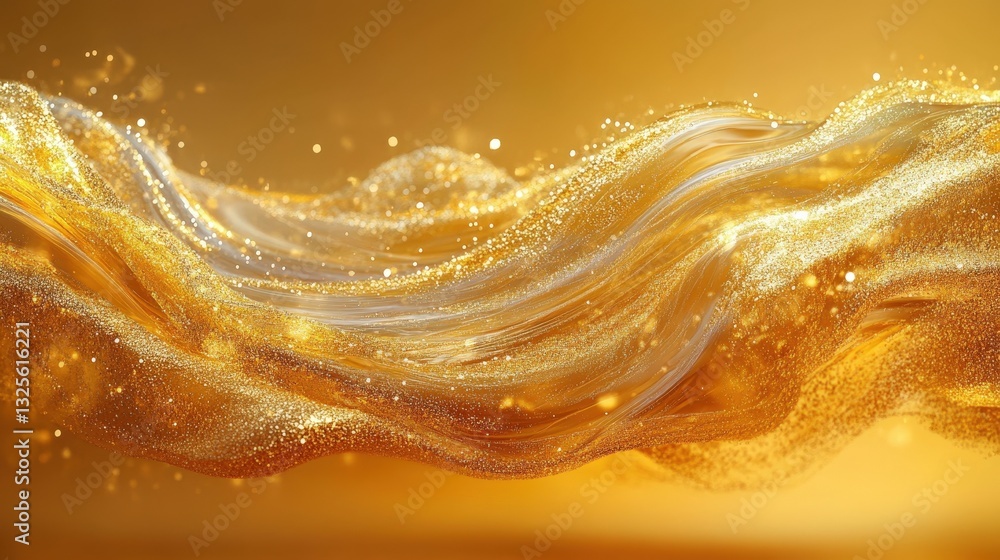 Poster an abstract golden wave, with sparkling particles flowing across it, creating a sense of elegance an