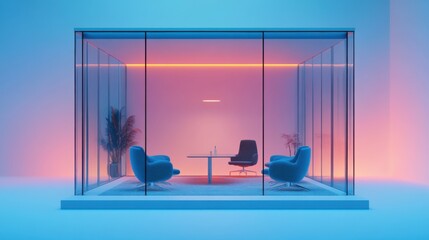 Fototapeta premium Modern Glass Office Pod with Pink and Blue Lighting