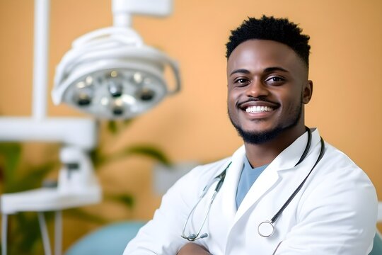 A smiling black man in a white lab coat poses for a picture in front of a dental