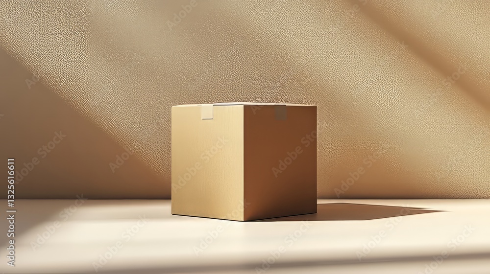 Poster a simple, empty cardboard box placed on a smooth, neutral surface with soft shadows and minimal deta