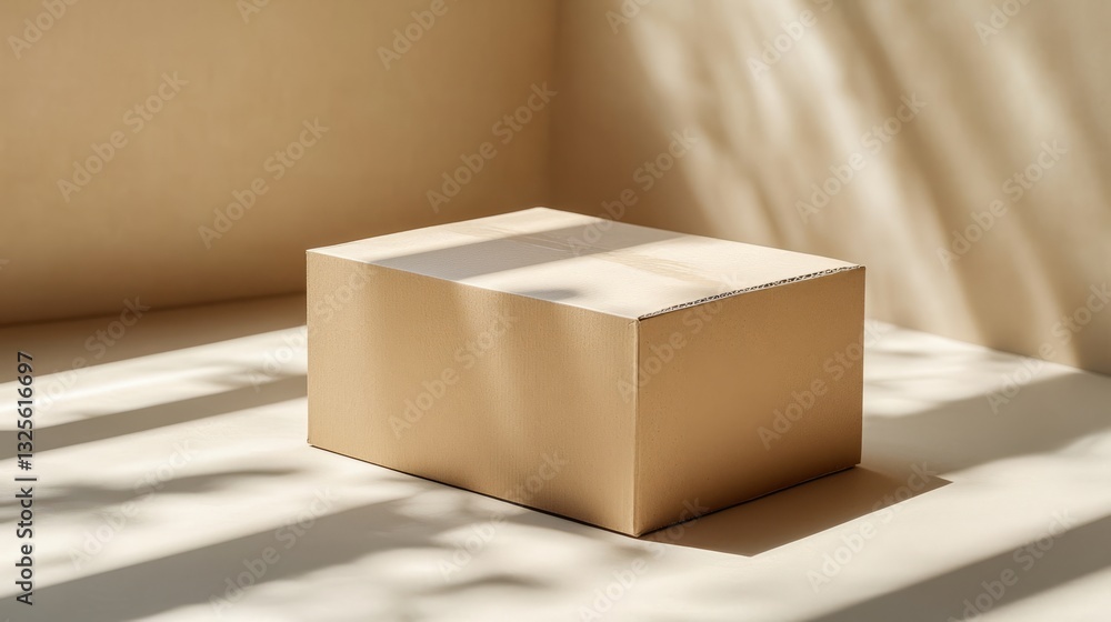 Poster a simple, empty cardboard box placed on a smooth, neutral surface with soft shadows and minimal deta