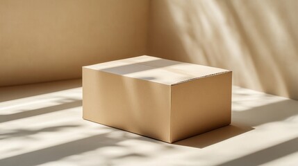A simple, empty cardboard box placed on a smooth, neutral surface with soft shadows and minimal details