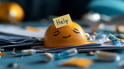 Young professional seeking help amidst paperwork chaos office desk digital art stressful environment close-up view work-life balance concept