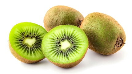 Fototapeta premium Fresh Kiwi Fruit Halved and Whole Isolated on White Background