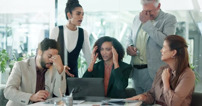 Meeting, fail and crisis with business people and laptop in office for bad news, investor mistake and sad. Stock market crash, stress and glitch with frustrated employees for trading inflation