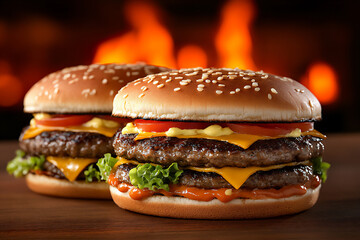 three juicy burgers with flames behind them, food photography,
