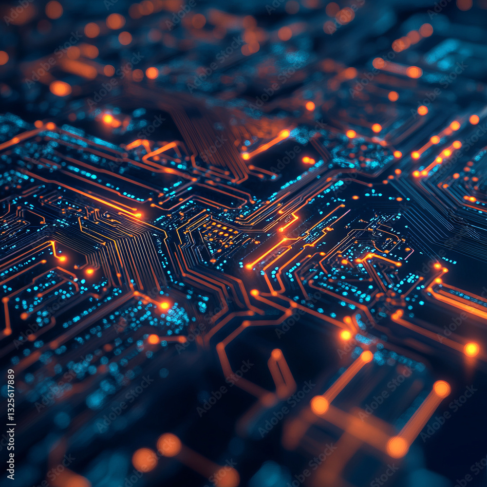 Poster glowing circuitry with intricate orange and blue pathways in a dark digital setting