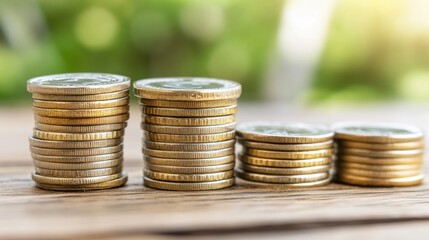 Ascending Stacks of Gold and Silver Coins on Wooden Surface