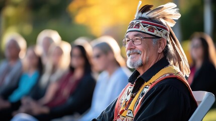 Native American Elder at Outdoor Ceremony with Vibrant Background
