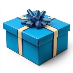 Obraz premium Blue Gift Box with Beige and Blue Ribbon Bow on White Background