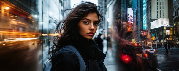 A thoughtful woman stands on a bustling city street looking forward