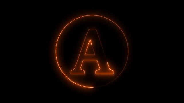 Animation of neon capital letter A on black background. Brown color letter animation