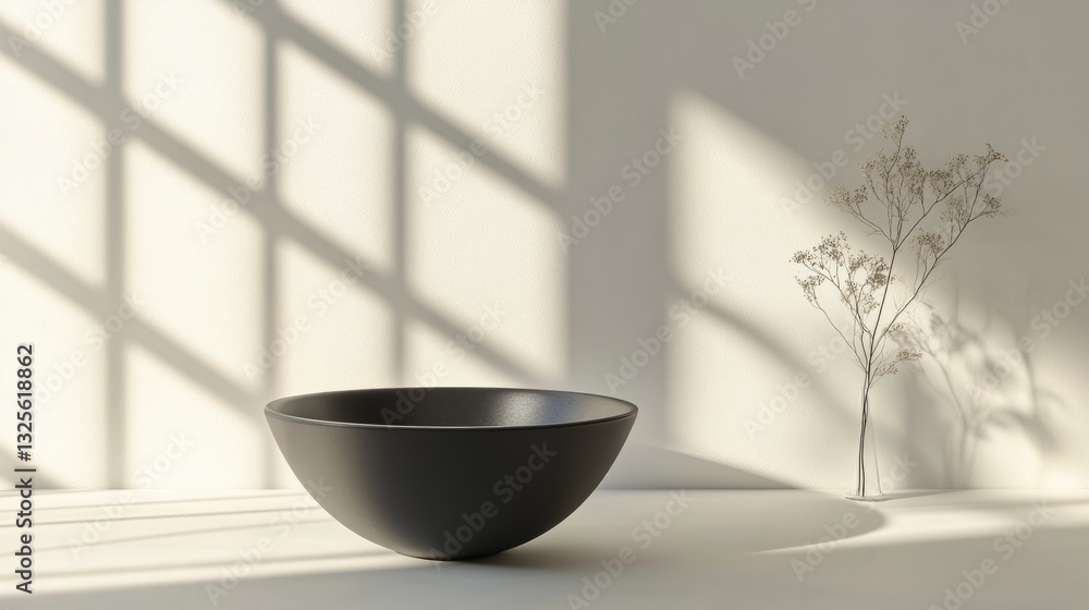 Poster a single empty black bowl on a smooth neutral-colored table, stark white backdrop with subtle shadow