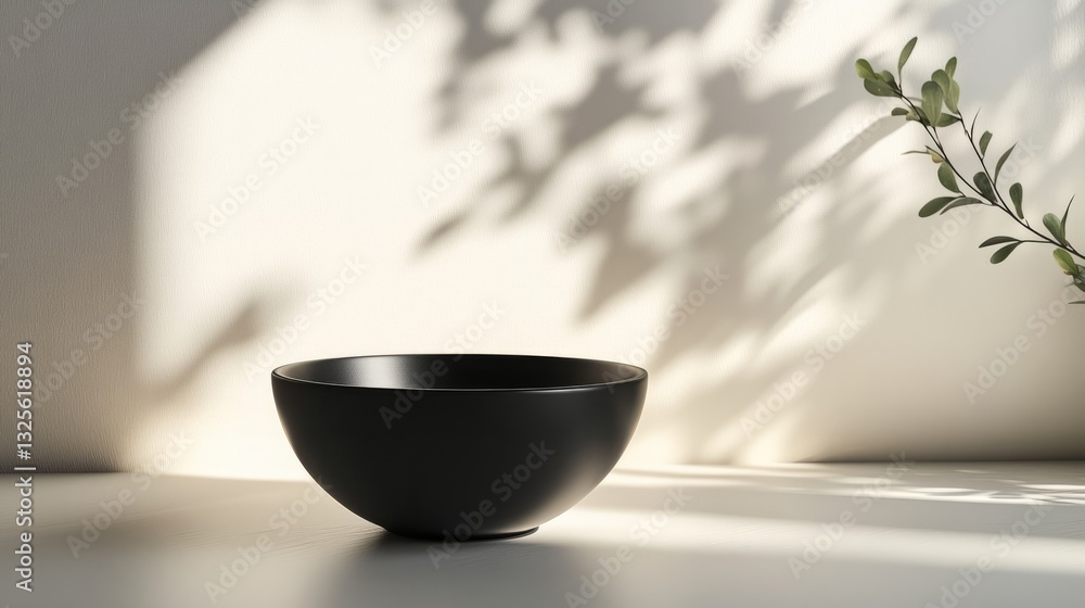 Poster a single empty black bowl on a smooth neutral-colored table, stark white backdrop with subtle shadow