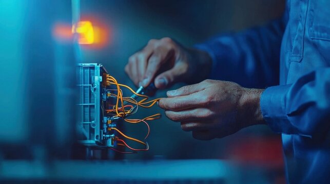 Technician Working with Wires and Cables in a Dark Industrial Environment, Focused on Electrical Equipment Connection and Repair Operations