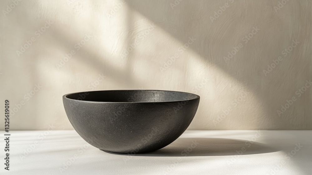 Poster a single empty black bowl on a smooth neutral-colored table, stark white backdrop with subtle shadow