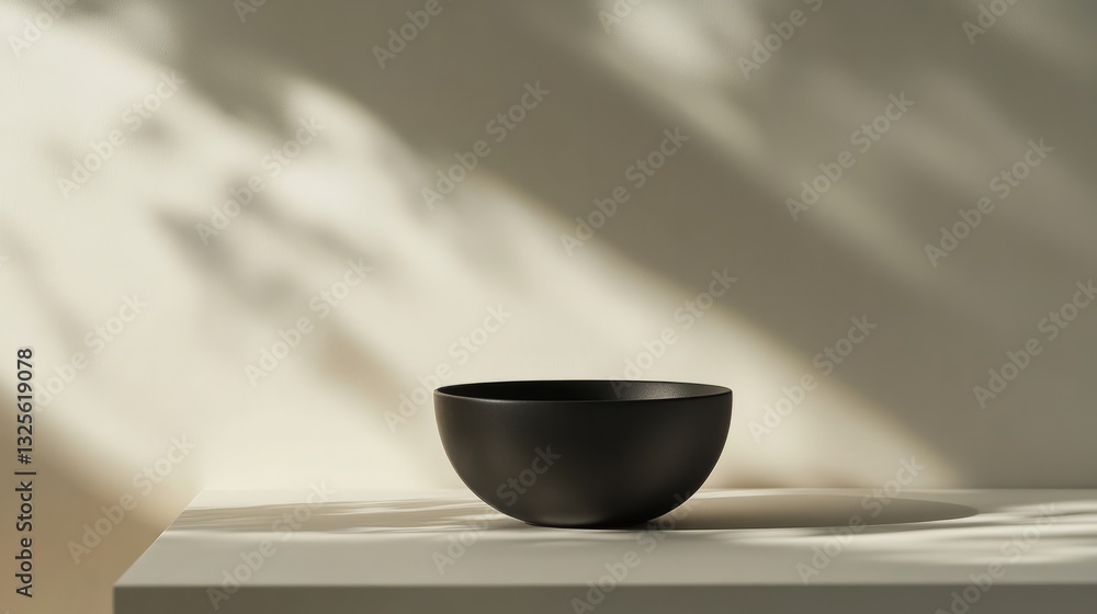 Poster a single empty black bowl on a smooth neutral-colored table, stark white backdrop with subtle shadow
