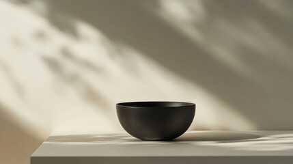 A single empty black bowl on a smooth neutral-colored table, stark white backdrop with subtle shadows