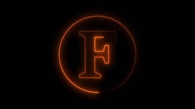 Animation of neon capital letter F on black background. Brown color letter animation