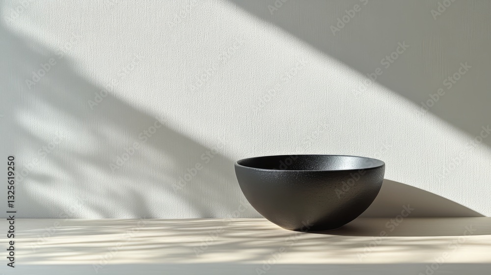 Poster a single empty black bowl on a smooth neutral-colored table, stark white backdrop with subtle shadow