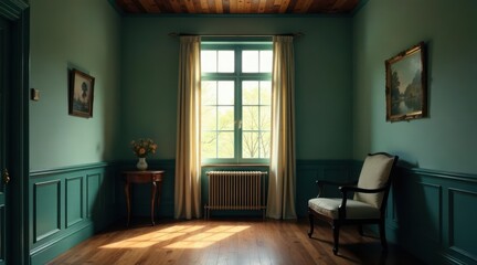 Fototapeta premium Serene Interior with Natural Light Illuminating a Tranquil Room Featuring Antique Furnishings and Classic Wall Paneling