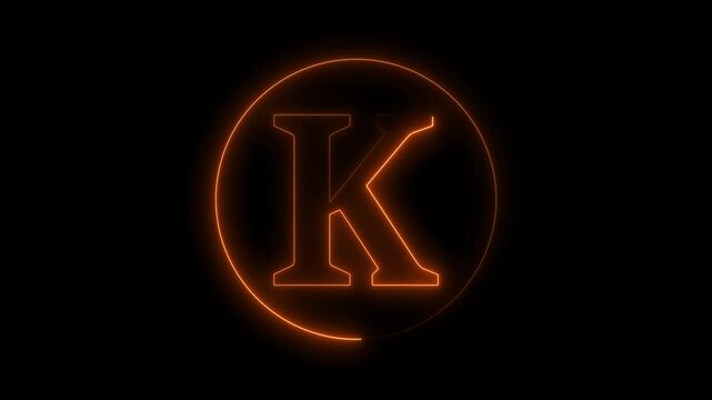 Animation of neon capital letter K on black background. Brown color letter animation