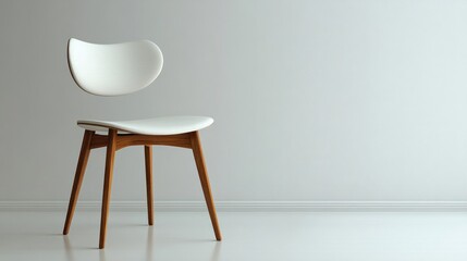 A single minimalist chair, no cushions or decorations, against a plain white background with soft lighting